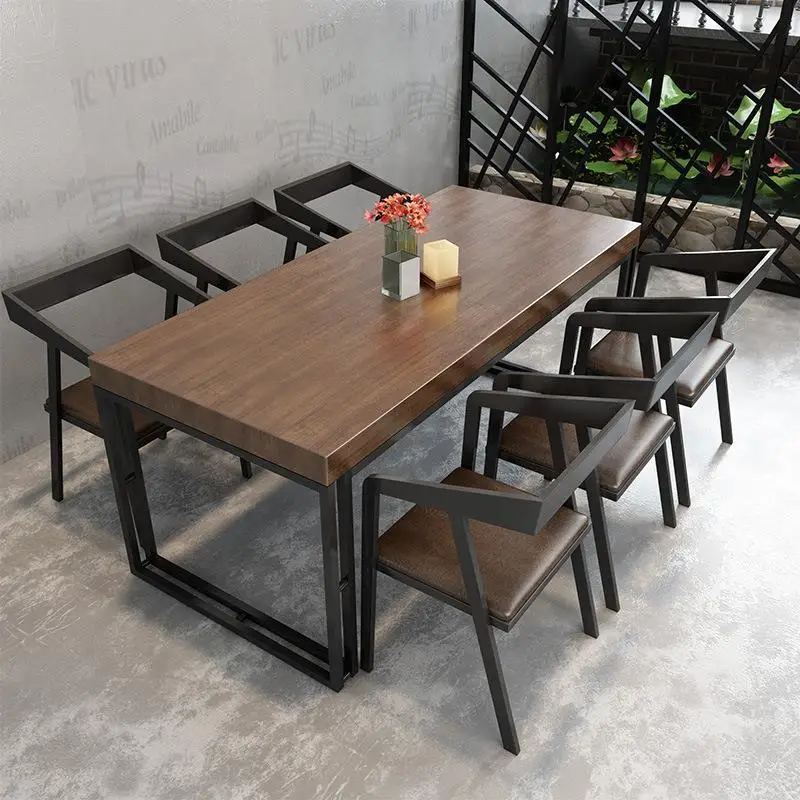 

Bar Cafe Log Conference Table Milk Tea Shop Iron Dining Tables and Chairs Set