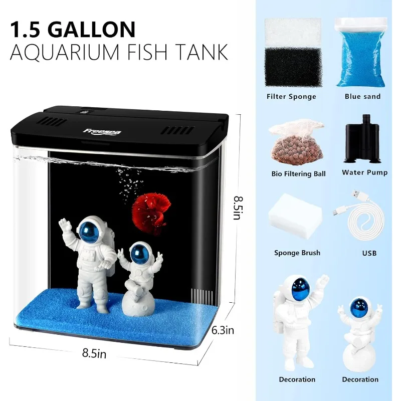 Aquarium Betta Fish Tank: 1.5 Gallon Small Fish Starter Kit with Filter and Light for Home | Office | Desktop