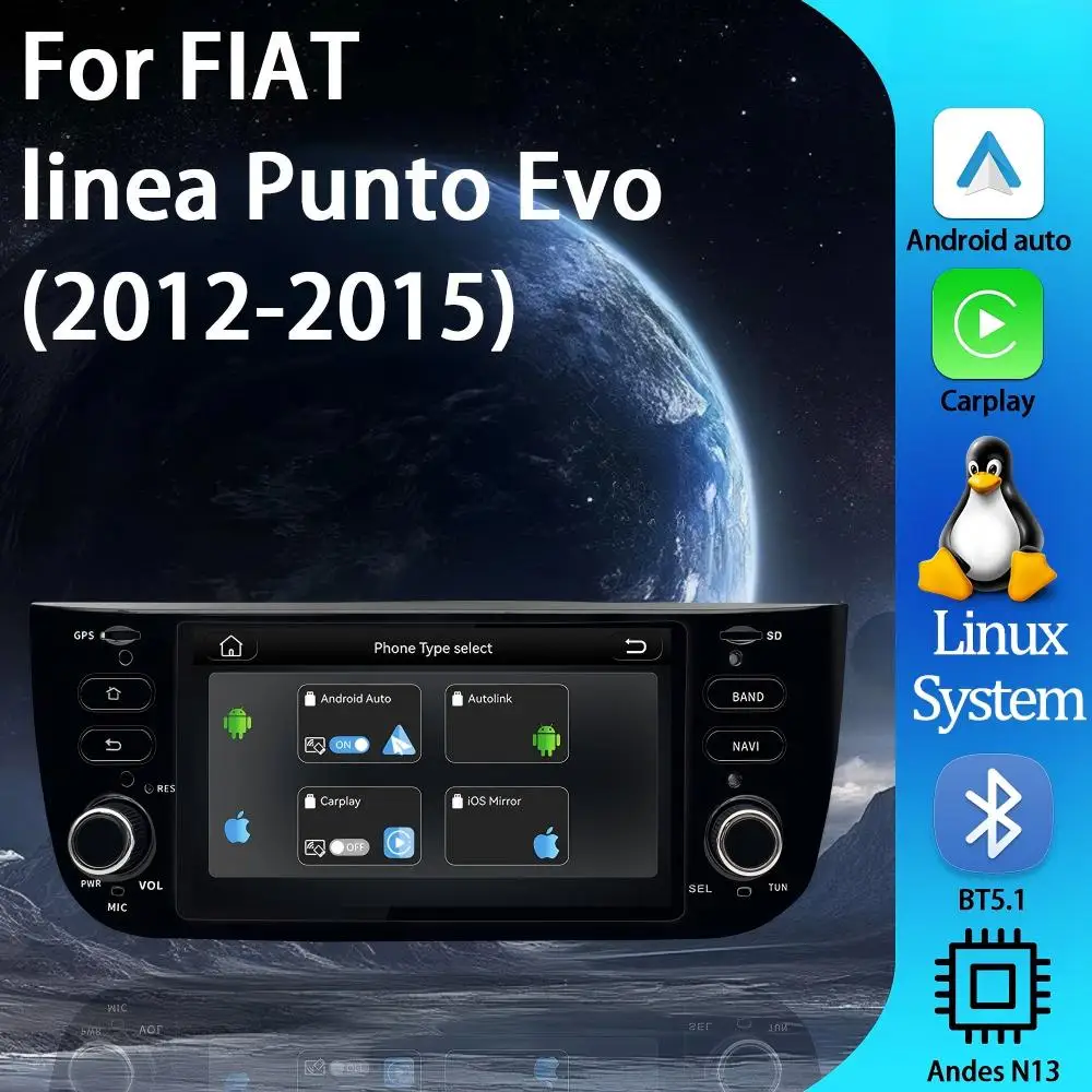 

Для Fiat Punto: 6.2-дюймовый сенсорный экран, смарт-магнитола на Linux, с Android Auto и CarPlay, беспроводной мультимедийный видеоплеер, BT, DSP