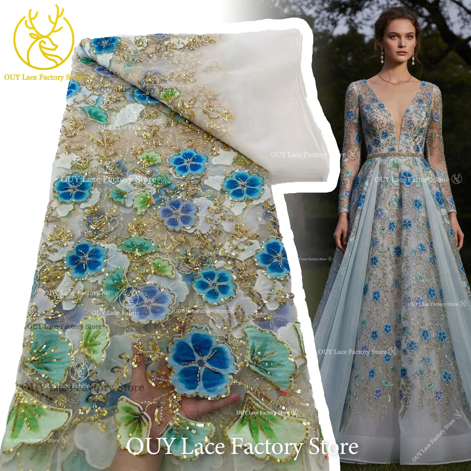 Nigerianischer eleganter Perlen-Blumen-Spitzenstoff, 5 Yards, modischer französischer Spitzenstoff mit goldenen Pailletten für Brautkleider zum Nähen – Detail 5