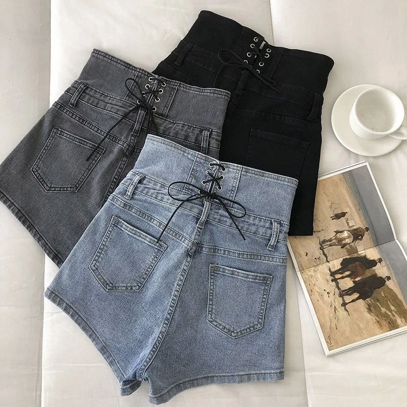 2023 New Women\'s High Waist Design Slim Button Denim Jeans Shorts Feminino Gary Blue Black