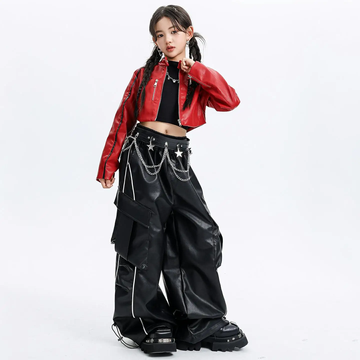طفل Kpop الهيب هوب الملابس الأحمر فو الجلود زمم المحاصيل سترة سوداء بولي Street الشارع مخطط البضائع السراويل لفتاة ملابس رقص الملابس