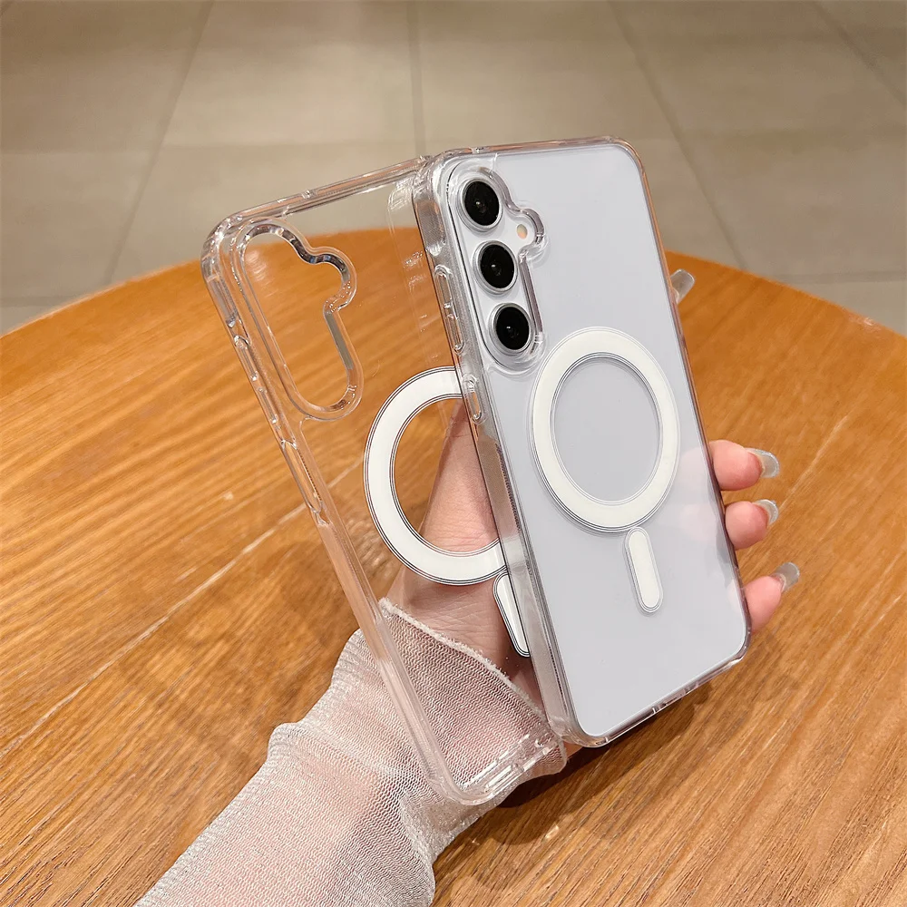 Modne przezroczyste magnetyczne etui z obsługą ładowania bezprzewodowego MagSafe do Samsung Galaxy S25 S24 S23 S22 S21 S20 Plus FE Ultra, odporne na upadki.