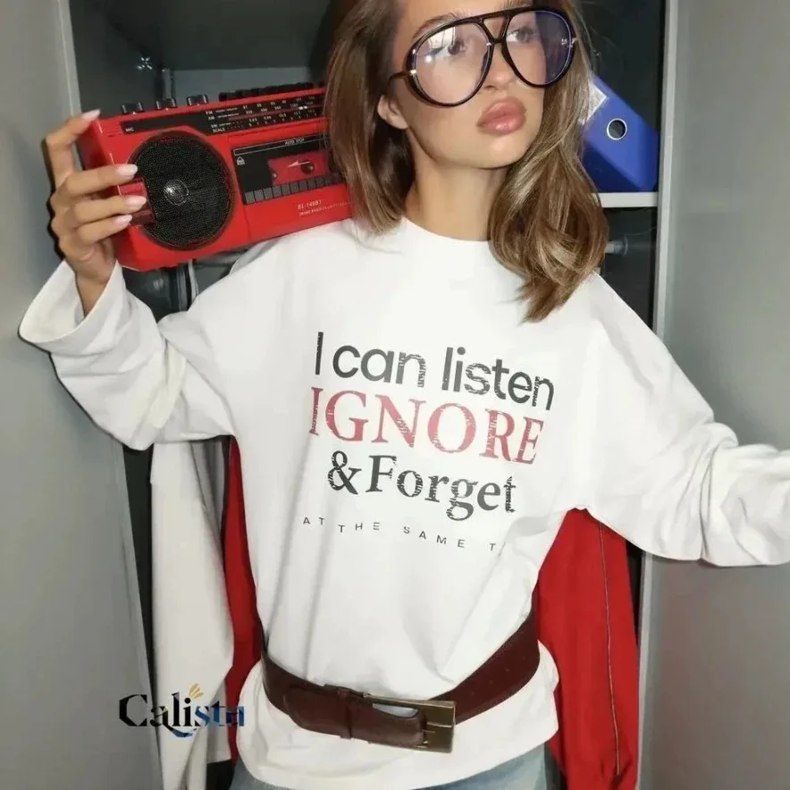 Women 100% Cotton Long Sleeve T Shirt Ignore & Forget Slogan Letter Graphic Tee Loose Crew Neck Funny Casual Streetwear Tops