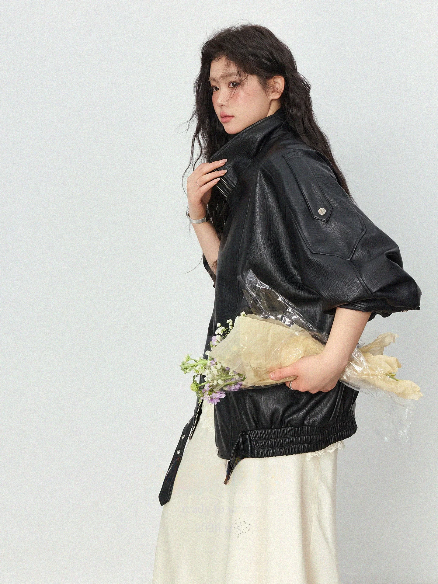 

plus Size Women's Black Leather Jacket Loose Fitting Versatile Slimming Biker Coat Korean Style Spring Casual High Waist