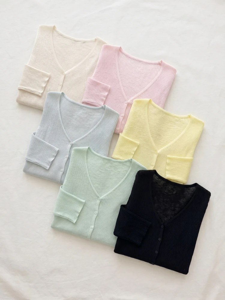 AOSSVIAO 2026 Summer Air Conditioner Shawl Blue V-Neck Thin Sunscreen Women Knit Cardigan Single-breasted Short Tops Outerwear