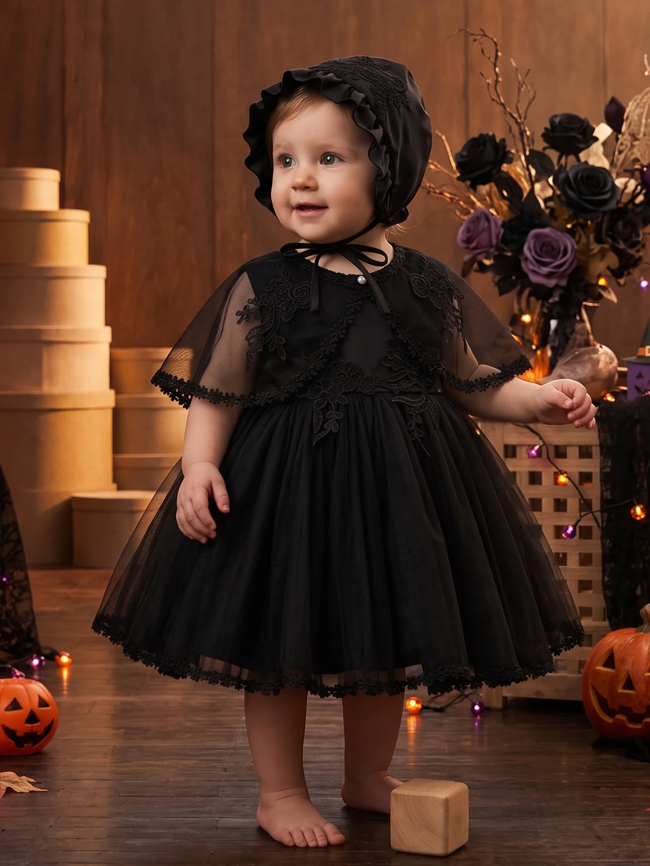 Baby Girls Black Lace Cape Tulle Dress With Bonnet Floral Trim Elegant Princess Gown For Halloween Event Celebration Celebration