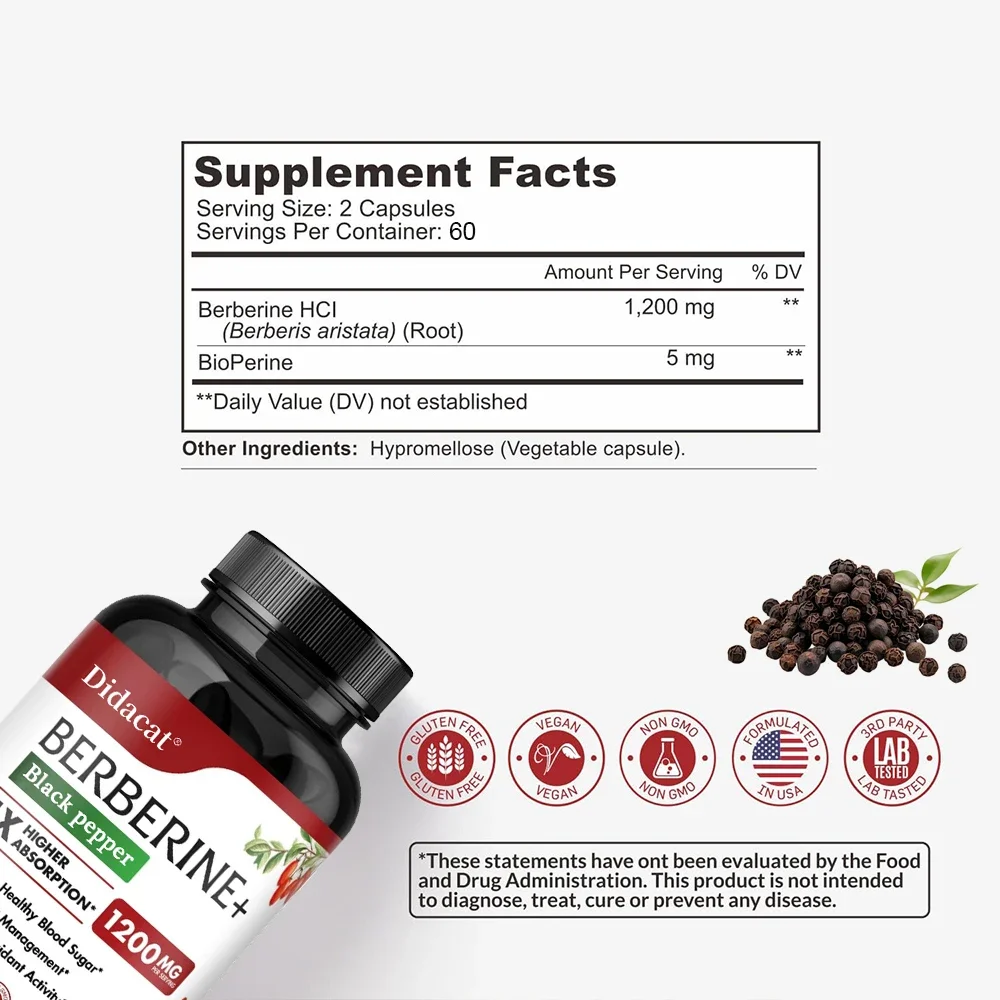 Berberine Supplement - 5X More Absorbed, Weight Management, Blood Sugar, Antioxidant Activity - Non-GMO, Vegetarian Capsules