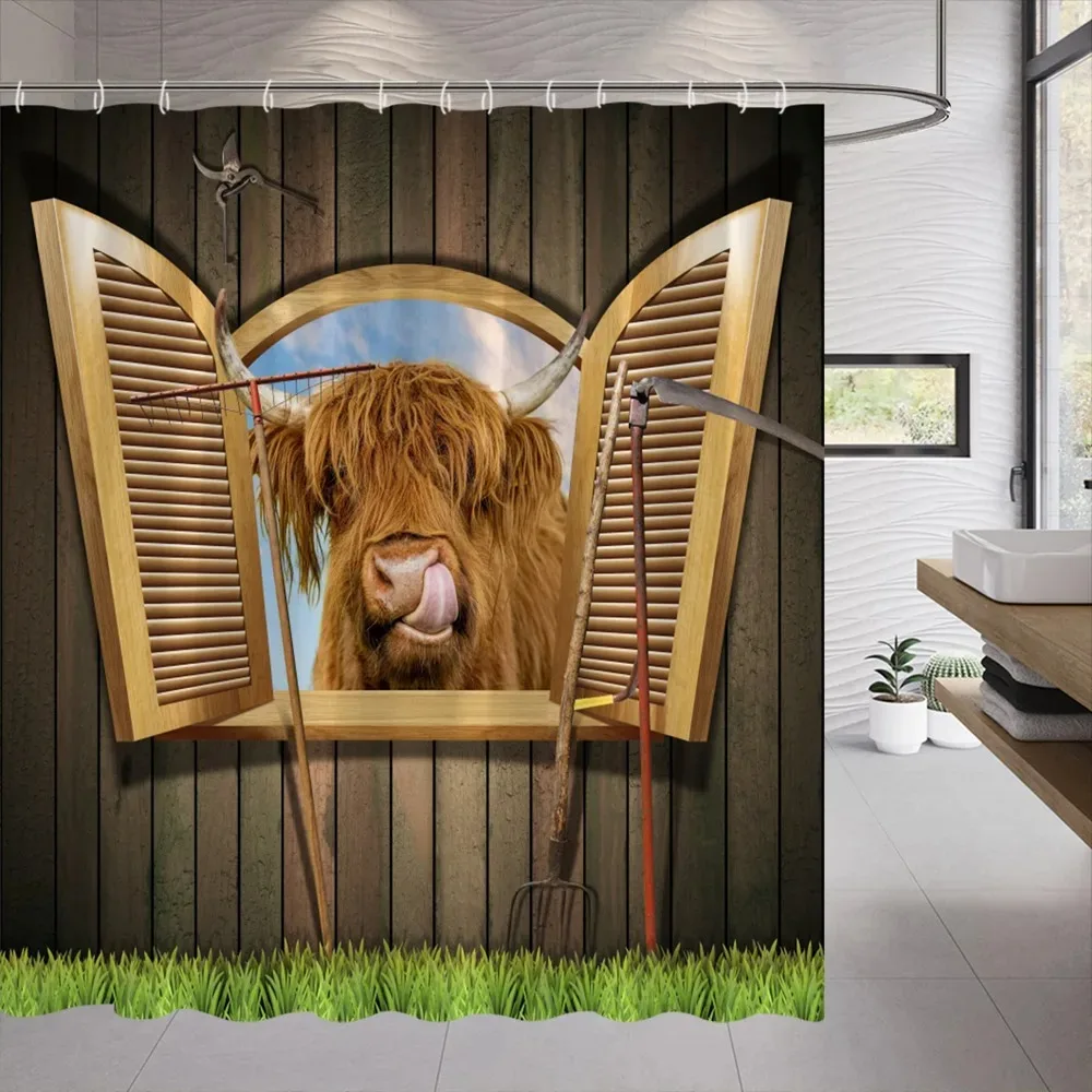 Funny Farm Cow Shower Curtain Rustic Wooden Door Highland Cow Wooden Panel Lavender Flower Cloth Hanging Curtains Bathroom Decor