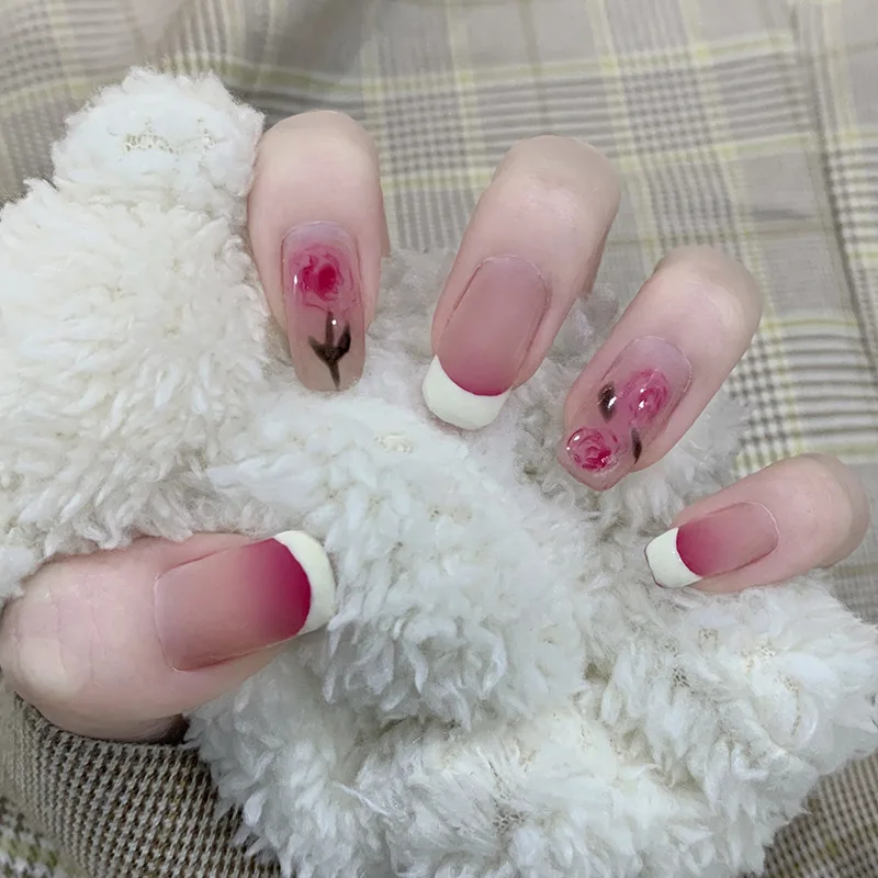 24pcs Sweet Pink Blush Press on Nails Heart Glitter Rhinestone Stick on Nails French Bowknot False Nails Short Square Nail Tips view 2