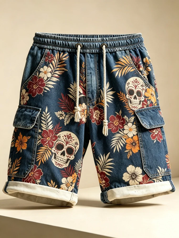 Men Vintage Tropical Flower Skull Utility Cargo Shorts Faux Denim Elastic Drawstring Waist Loose Casual Five-point Shorts