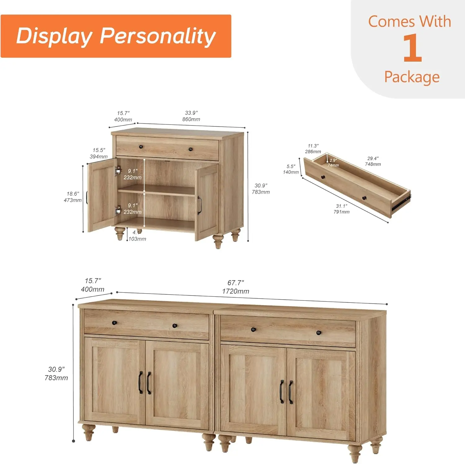 Oak Wood Sideboard Buffet Cabinet with 4 Doors and 2 Drawers for Dining Room, 68 inch, Modern Farmhouse Style for Storage