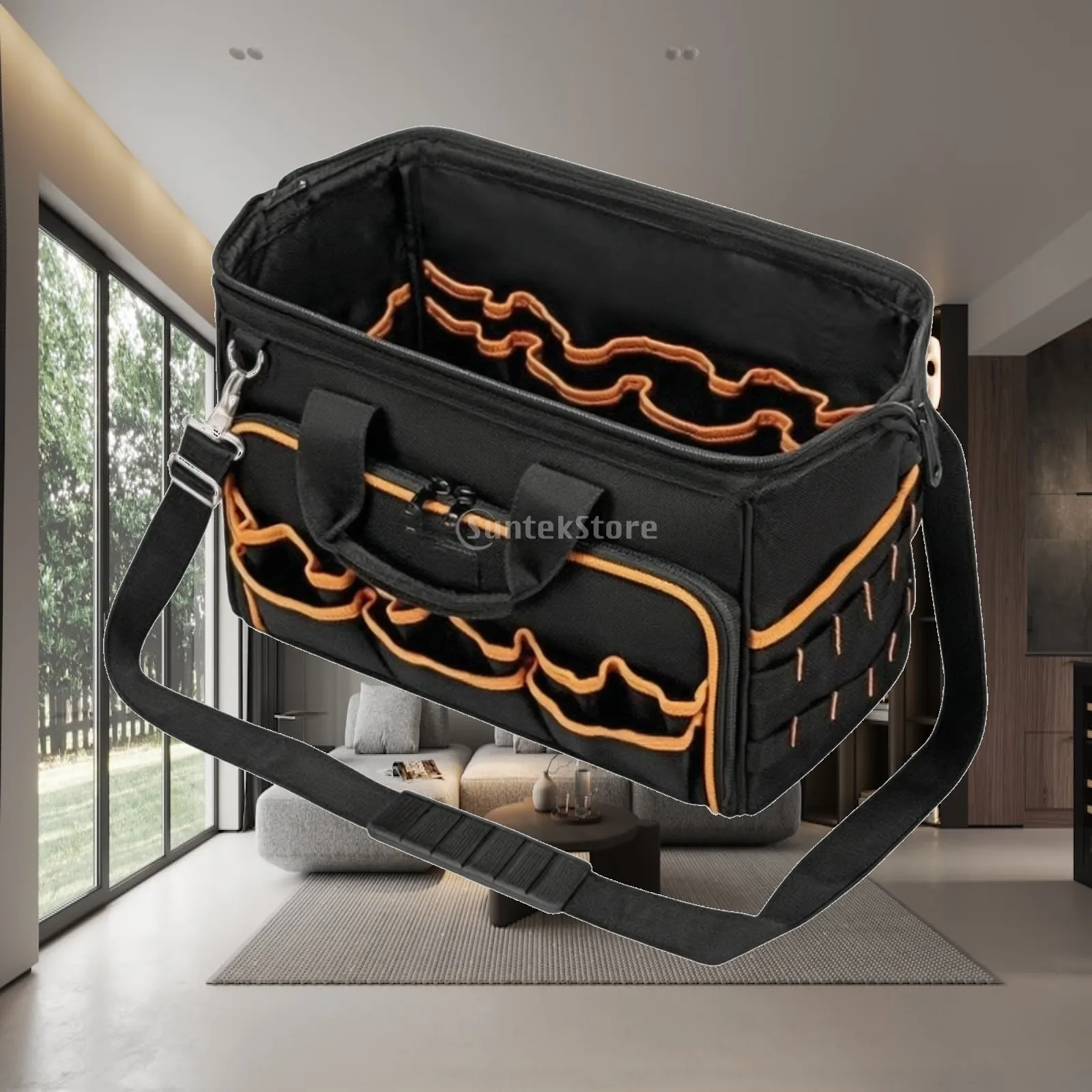 Heavy Duty Work Bag with Orange Trim and Multiple Pockets for Tools and Supplies for Job Site Portability