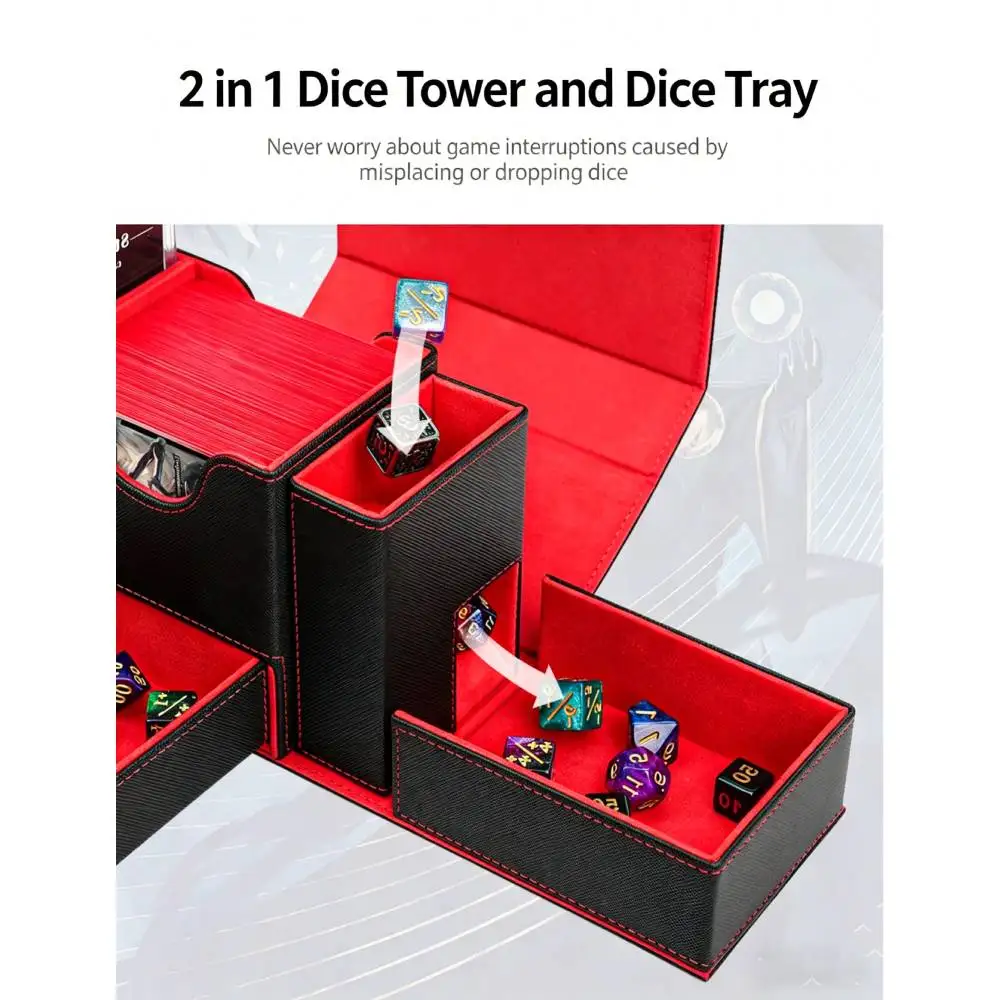 D&D Dice Tower, Premium Leather Card Deck Box with Dice Tray, Card Storage Box with Window Magnetic Storage Box for Acrylic Dice