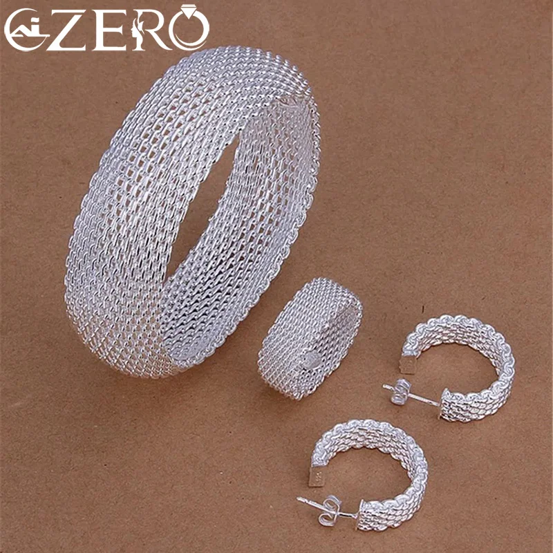 

size6-10 charm 925 Sterling Silver bangle rings earrings Bracelets Jewelry set hot fine Weave net Fashion Party Christmas Gifts