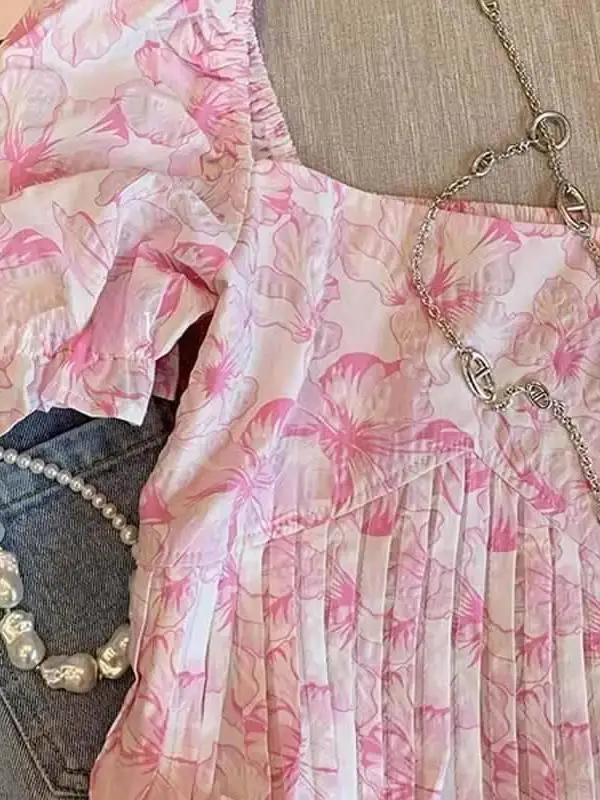 

French Square Collar Pink Floral Chiffon irt Women Gentle Thin ort Sve Commute Sle Polyester Fabric Anti-deformation