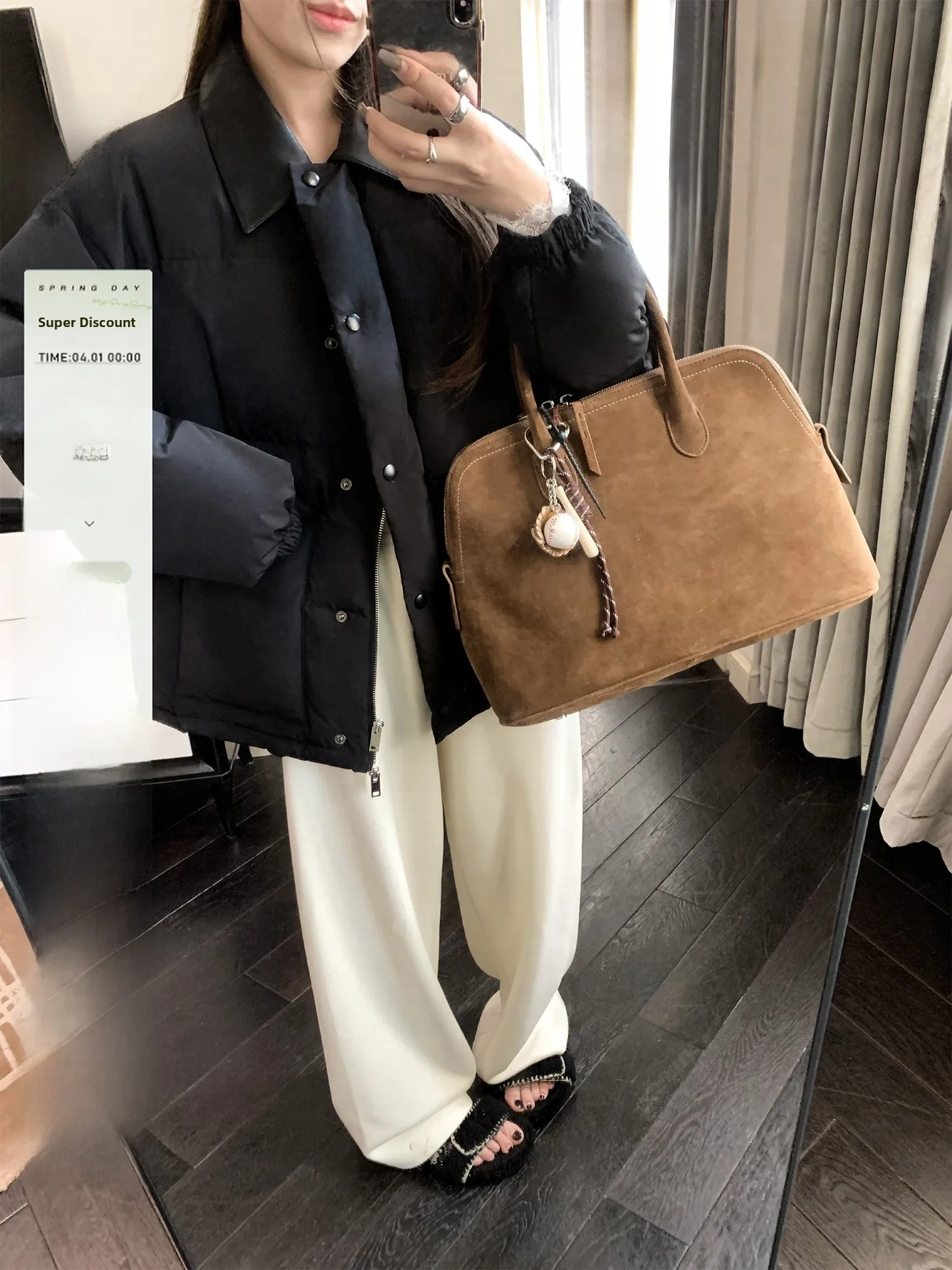 

Hhyii Black Short Style Women's down Jacket with Collar Splicing Design And Big Pockets Warm White Duck Feather Commute Style