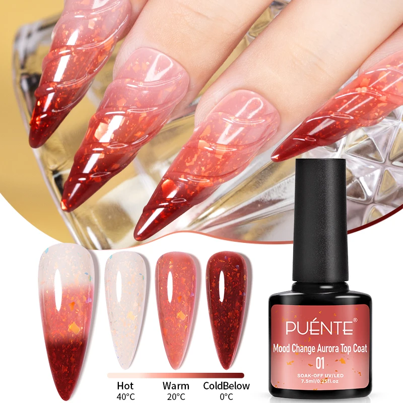 PUENTE Mood Change Aurora Top Coat Gel Nagellak Temperatuur Kleur Veranderende Glitter Nagelgel Losweken Semi-Permanente Vernis