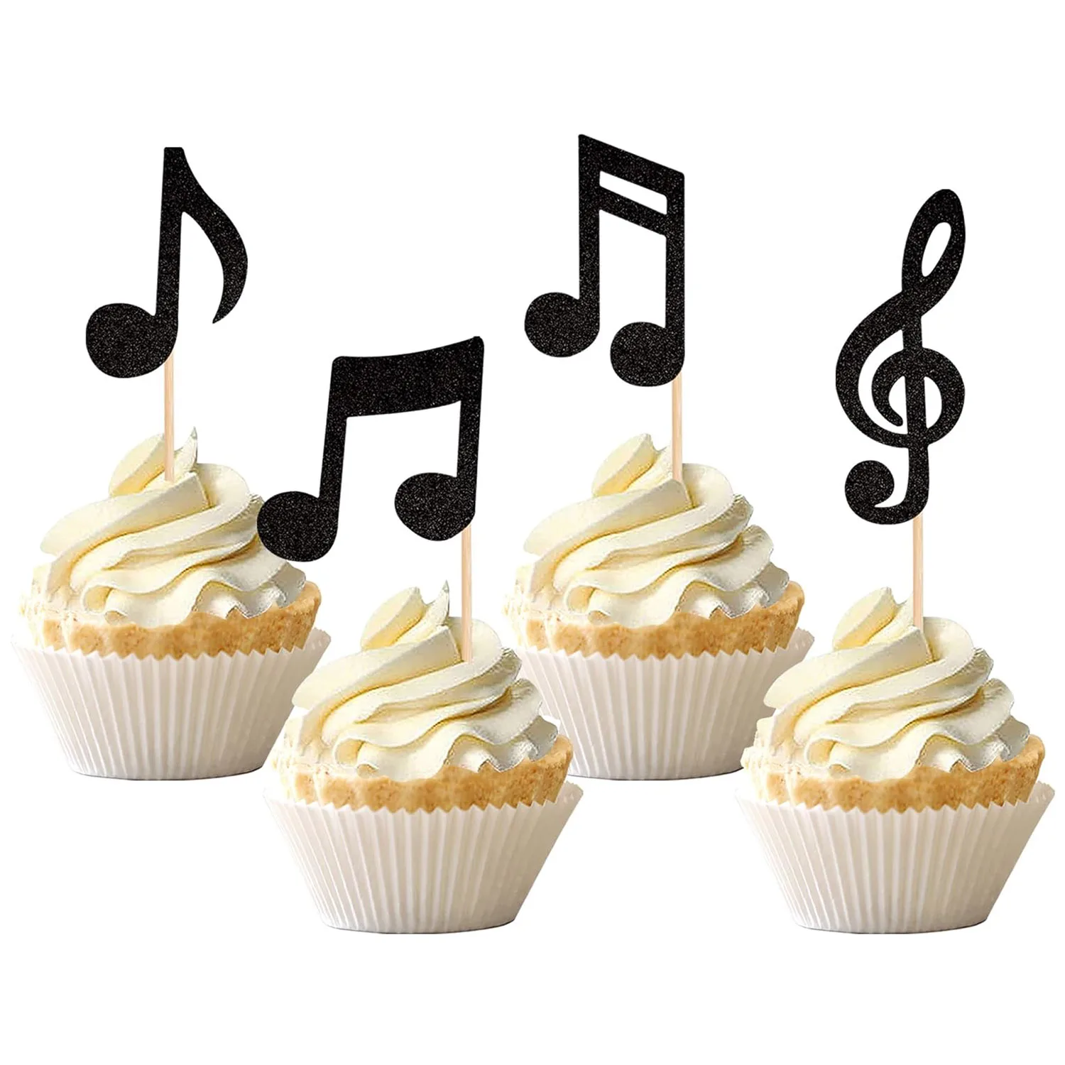 16 Stück Cupcake-Topper mit Musiknoten, schwarz, glitzernd, musikalisches Symbol, Cupcake-Picks für Rockmusik, Konzert, Thema, Babyparty, Hochzeit, B