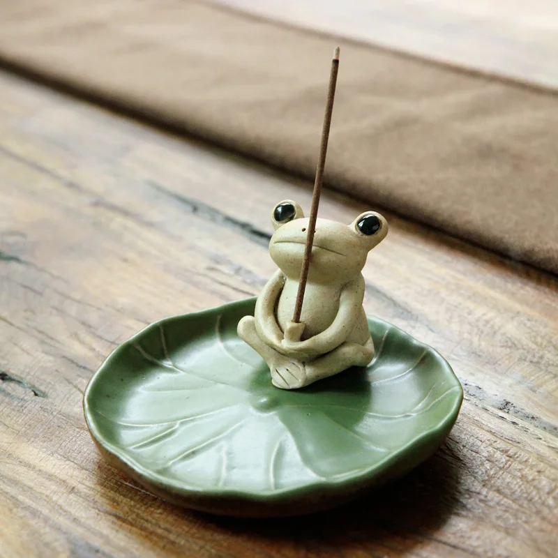 

Handmade Ceramic Stick Incense Burner Holder,Small Frog Incense,Lotus Leaf Tray,Mini Cute Animal Statue Home Incense Burner