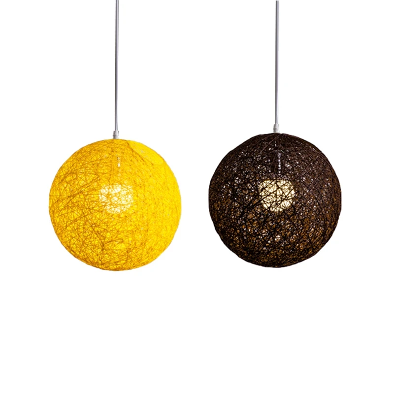 Lustre boule de bambou café/jaune, rotin et chanvre, sphère de créativité individuelle, lames, abat-jour accent en rotin, 2 pièces