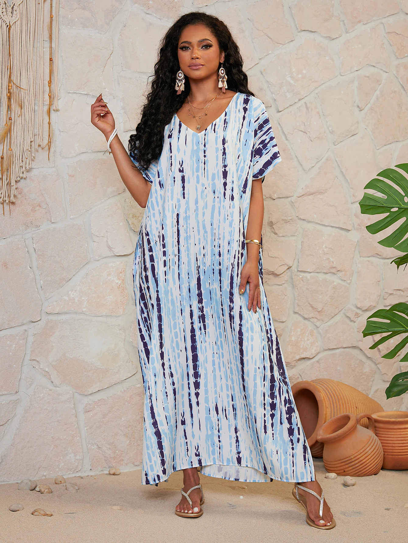 Styl Boho damskie zakrywają Plus Size Tie Dye z dekoltem w szpic luźny krój sukienka plażowa sukienka