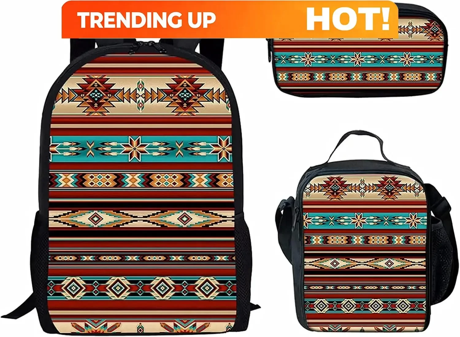 Custom Tribal Native Stripe Aztec Print Stylish School Bag 3 In 1 Backpack Combo Set,Preschool Backpack +Lunchbox+Pencil Case