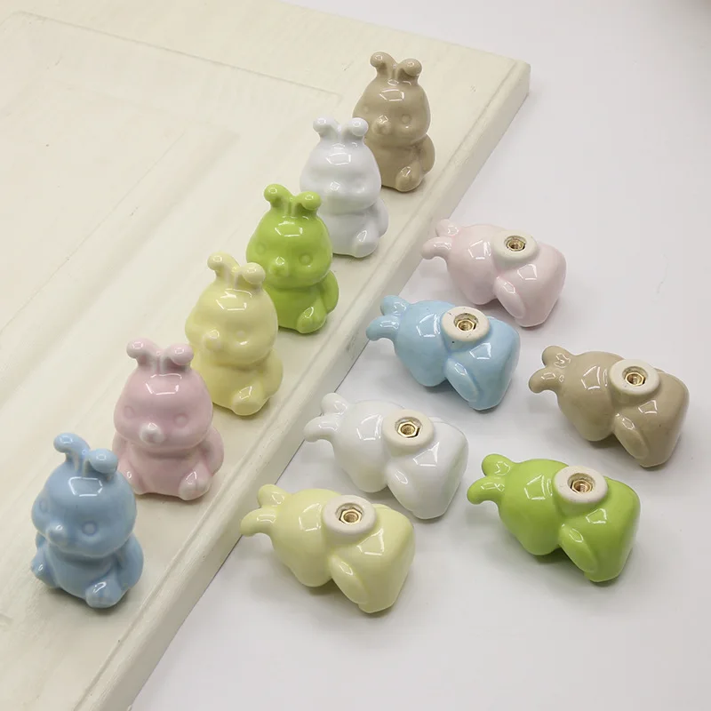 Colorful Little Rabbit Sodium Yellow Copper Ceramic Cabinet Door Handle Bottle Cap Lid Handle Drawer The Wardrobe Cartoon Handle