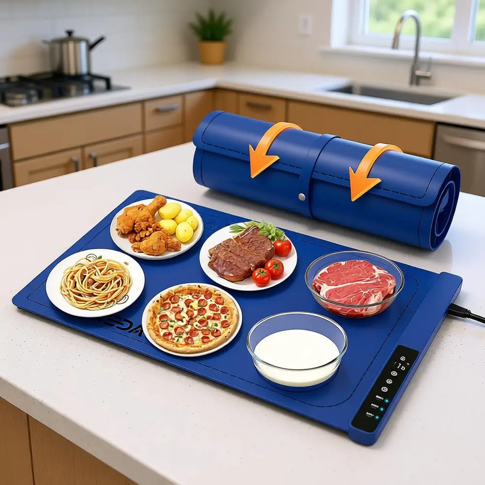 

3-Zone Electric Warming Mat with 9 Temp & 8 Timer Settings, Portable for Home & Daily Use, Blue