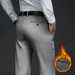 Classic Style Winter Warm Men's Business Straight Casual Pants Stretch Fabric Office Pants Fleece Thicken Trousers Khaki Black
