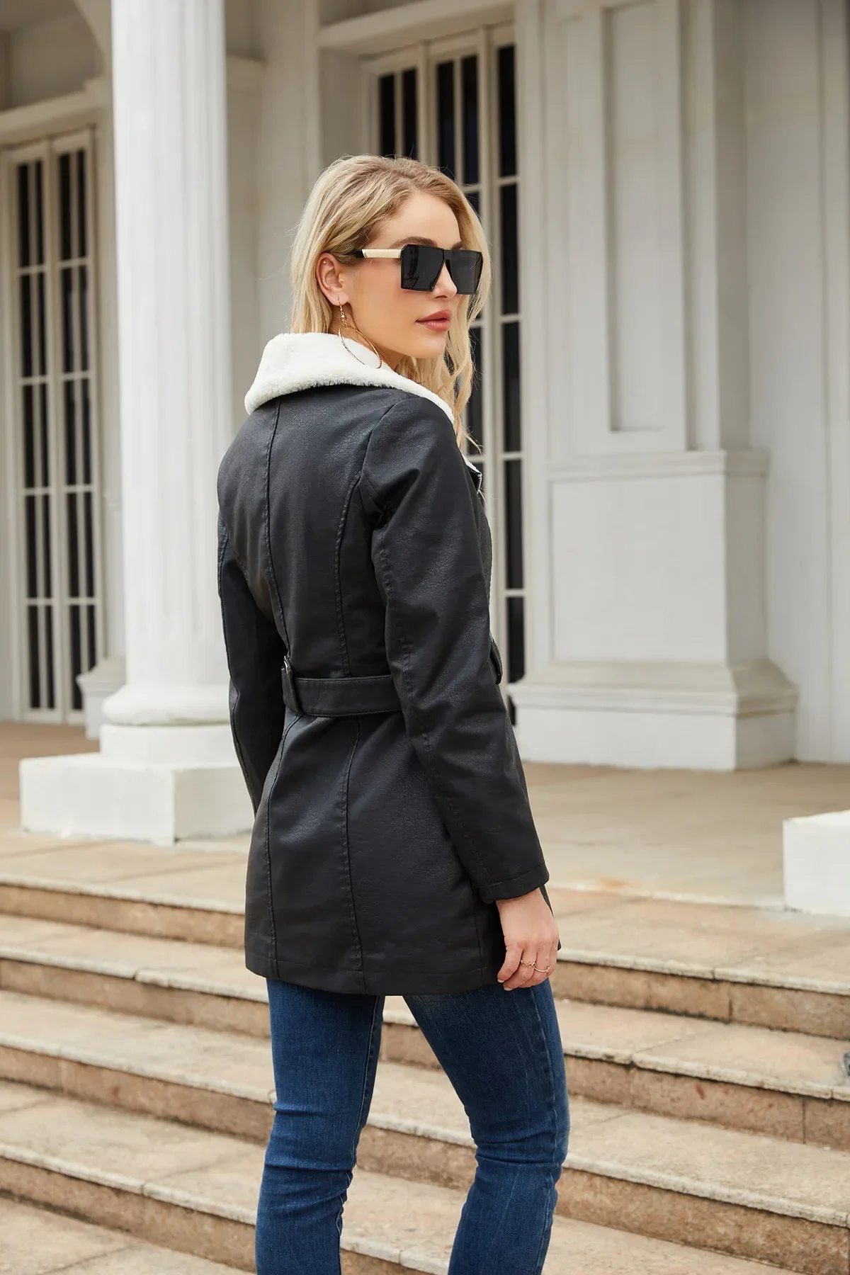 Chaqueta de piel sintética para mujer, abrigo cálido de manga larga con cinturón y cremallera de doble cabeza, solapa y forro polar, novedad de