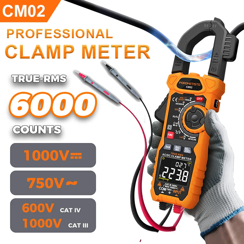 

CM02 Цифровой мультиметр с зажимами, 6000 отсчетов, мультиметр с двойным сопротивлением, истинное среднеквадратичное значение, измерение конденсатора переменного/постоянного тока, NCV, Ом Гц, тест