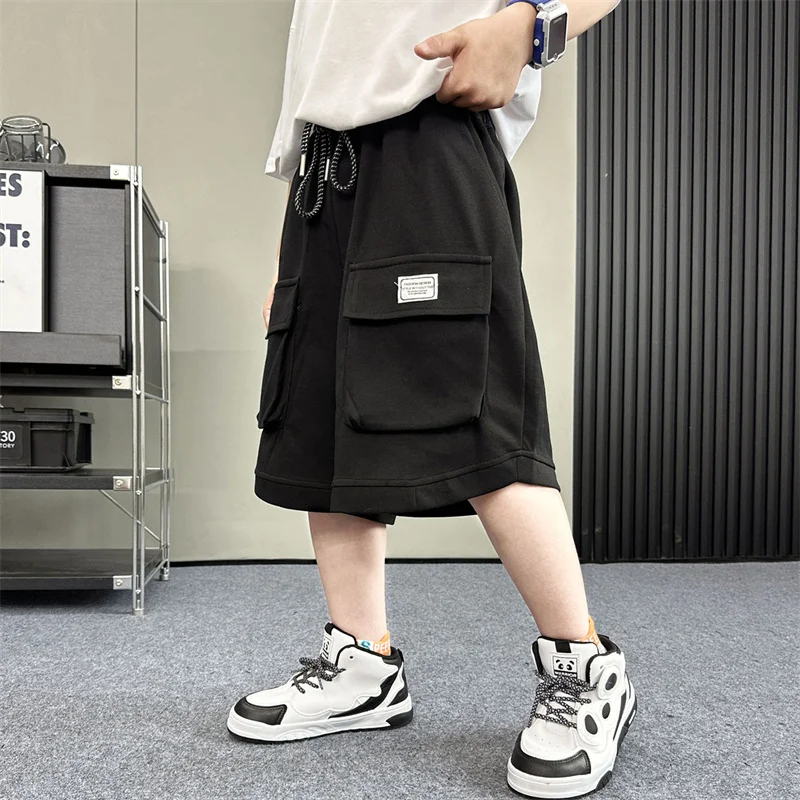 New Casual Kids Child Summer Cotton Shorts with Drawstring for Teenage Boy Solid Color Knee Length Cargo Shorts with Pocket 5-14
