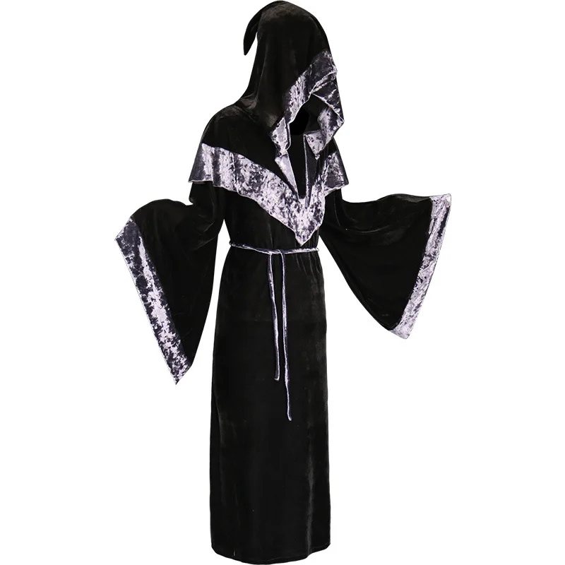 Halloween Cosplay Hooded Sorcerer Robe for Men Women Witch Vampire Devil Dress Up Velvet Tunic Medieval Vintage Party Prom Cloak