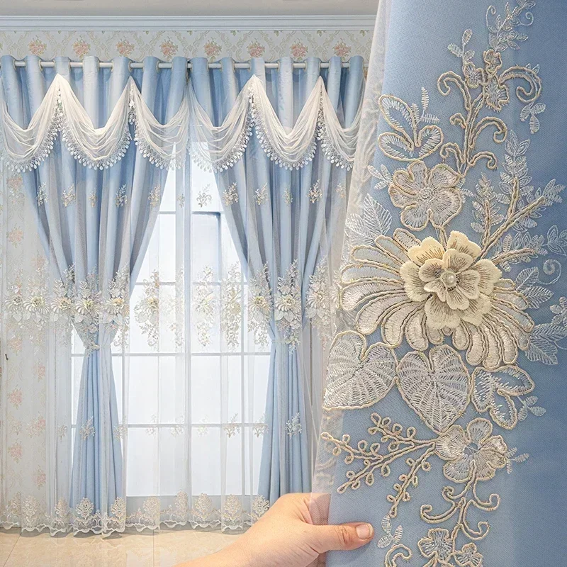 European Embroidery Double Curtains for Living Dining Room Bedroom Embossed Tulle Partition Door Window Curtains Customize