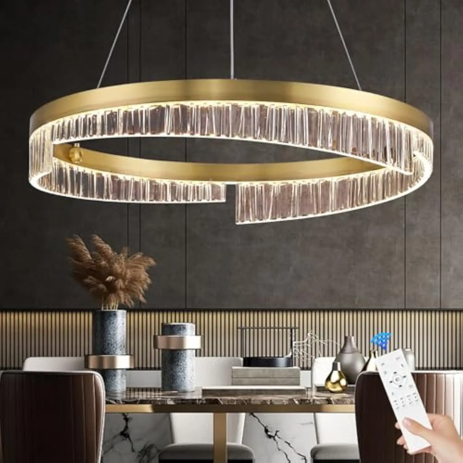 

Gold Chandelier 24‘’Modern Led Chandeliers Dimmable 1 Ring Flush Mount Chandelier Led Pendant Light with Remote Control for Liv