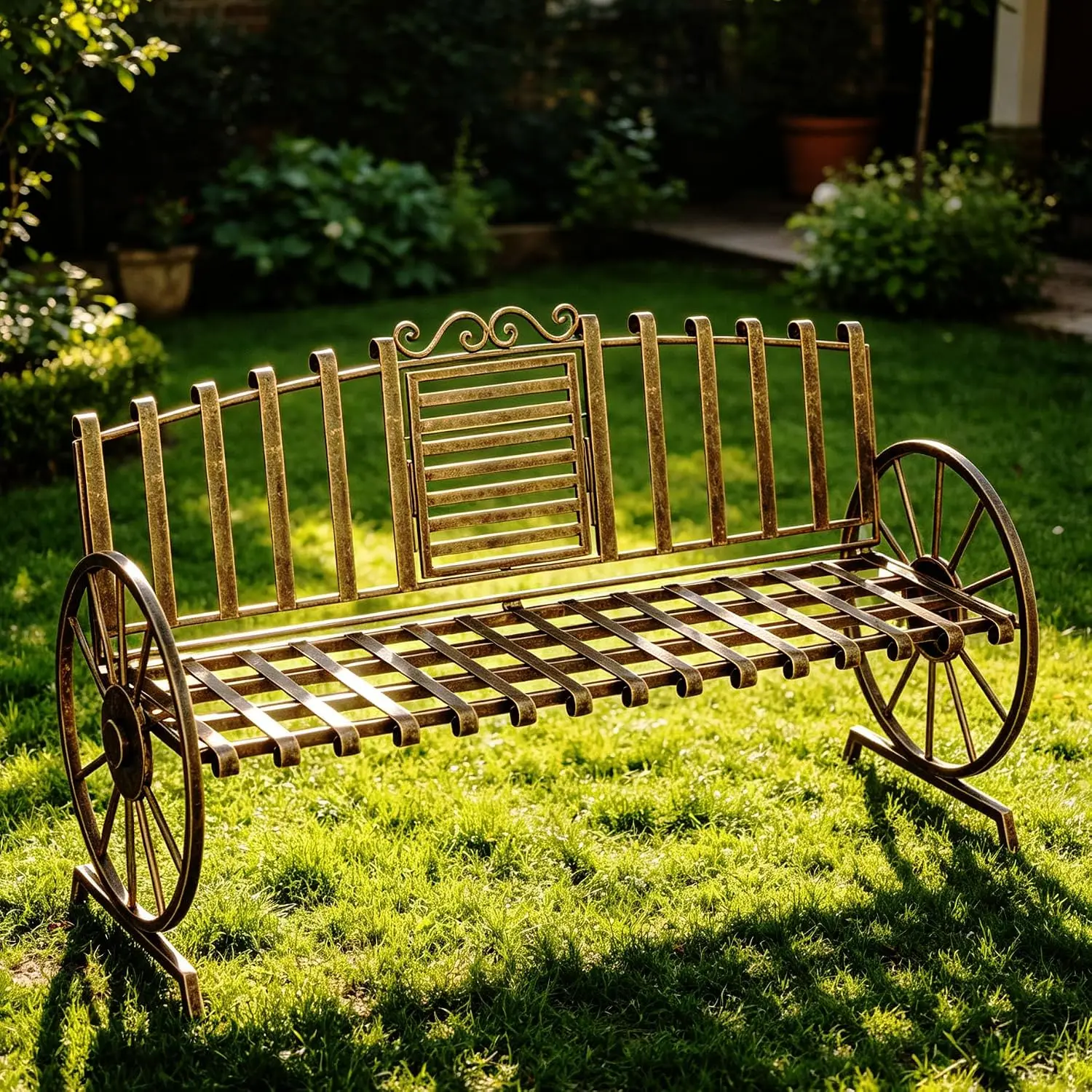Outdoor Bench with Built-in Table & Wagon Wheel Arms, 3-Seat Metal Garden Furniture for Porch Lawn Yard Park, Customized