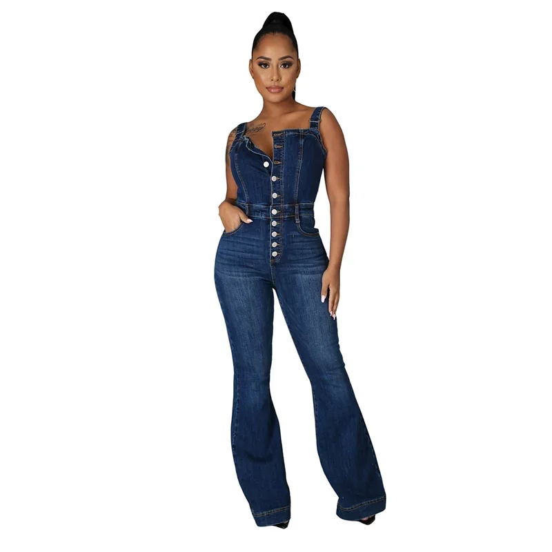 Women Suspenders Denim Jumpsuit Wide Leg Jeans Sleeveless Button Half-open Rompers Female Fashion Casual One-piece Flared Pants