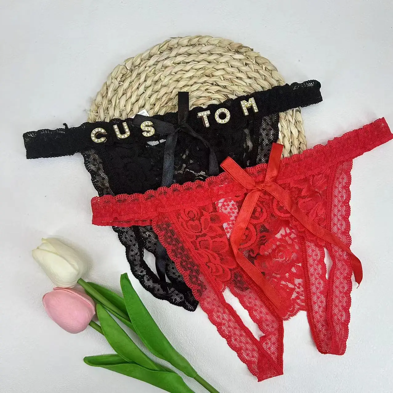 Name Lace Panties Custom Thong for Women Personalized Crystal Letter Name Panties OpenCrotch G-string Bowkont Underwear Gift