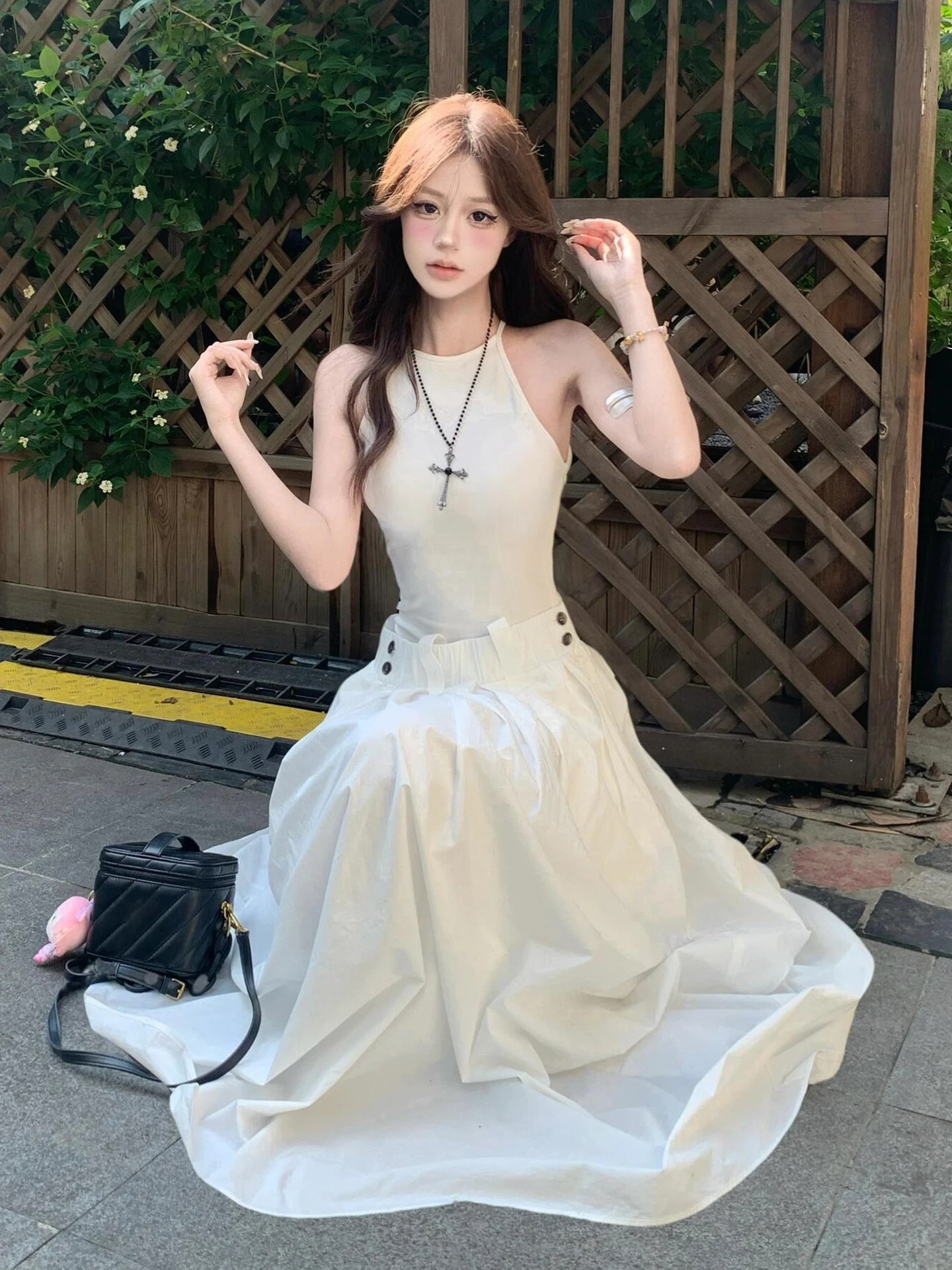 Superbe gilet blanc Dr femmes été nouveau Sle taille couchée Utile Long Dr faux deux pièces doux japonais Sle A-Li...