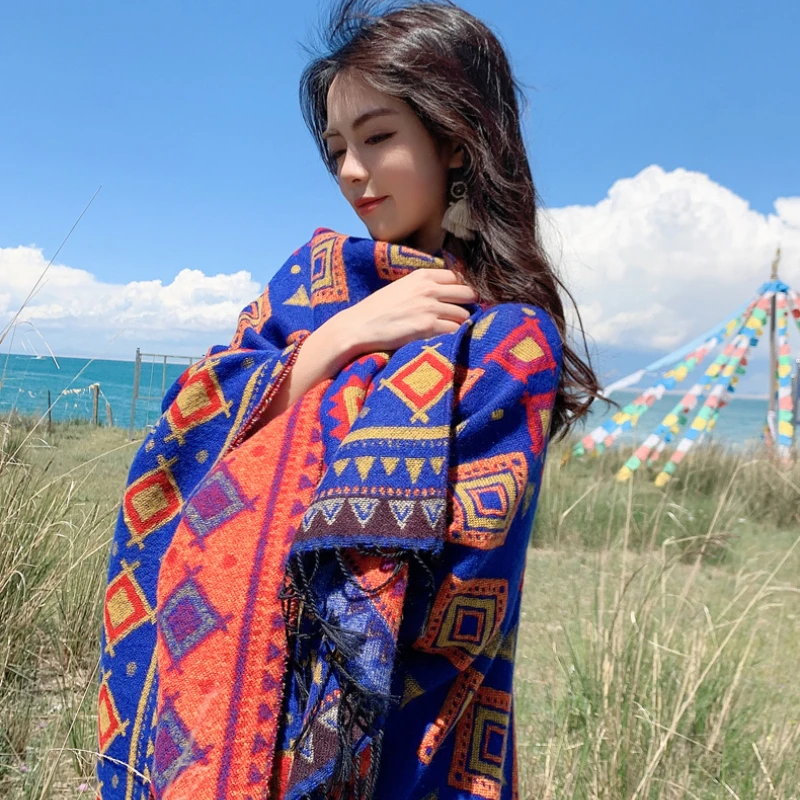 Women Vintage Multifunction Bohemian Shawl Scarf Tribal Fringe Striped Cardigans Blankets Cape Tassel Shawl Poncho