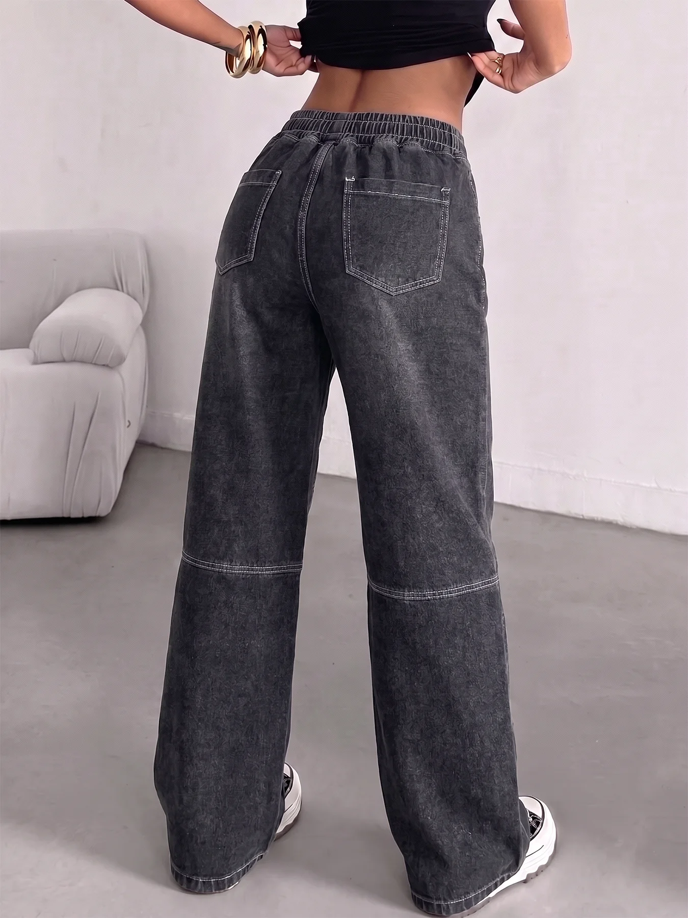 Women Vintage Washed Black Gray Wide Leg Jeans Elastic Drawstring Waist Side Stripe Patchwork Baggy Denim Pants Casual Streetwea