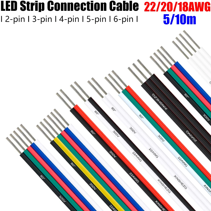 

5/10m 2PIN Electrical Cable 22/20/18AWG 3/4/5/6pin LED Cable Connector Extension Wires For 5050 3528 RGB RGBW LED Strip Lights