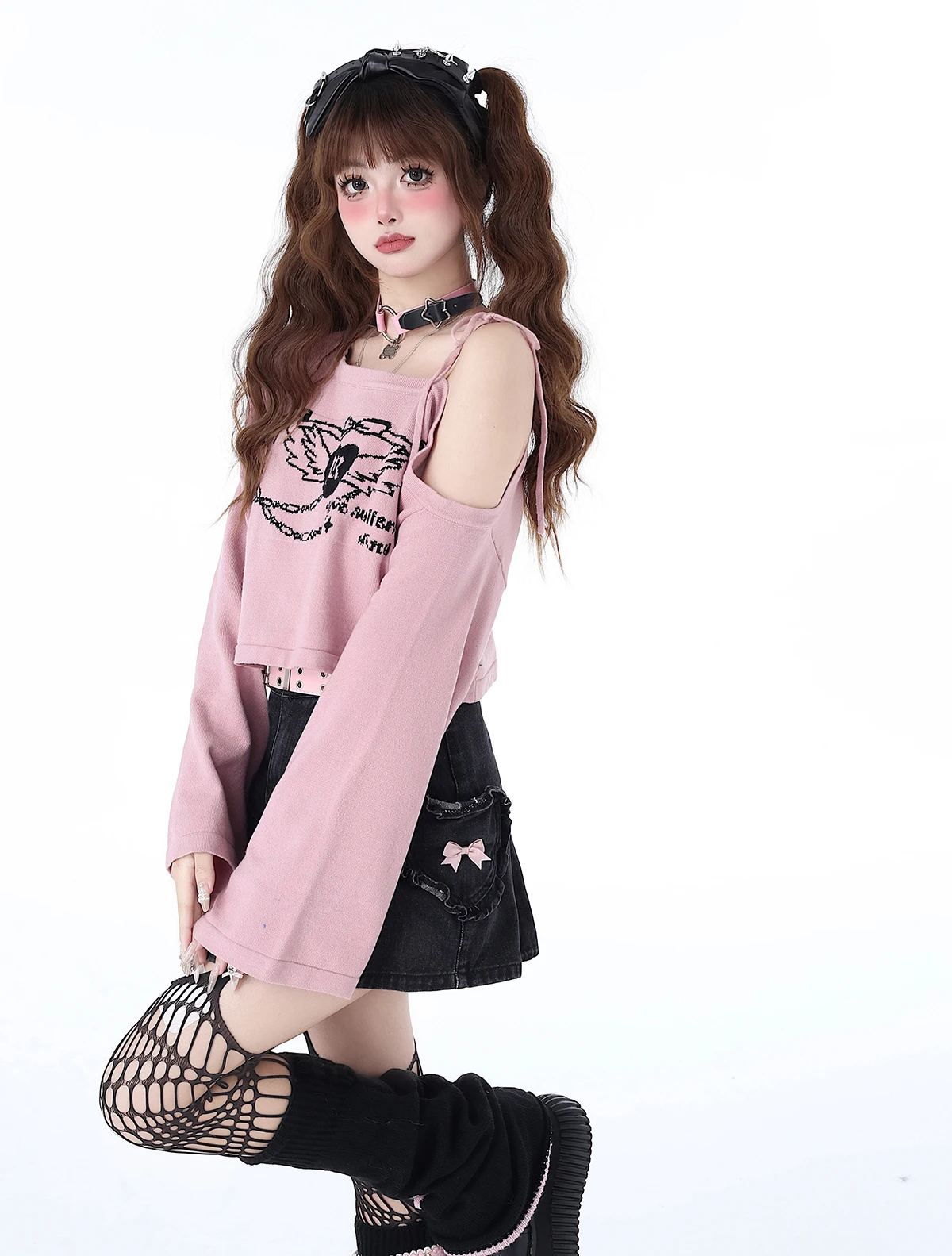 Y2K Hot Girl Off Shoulder Lace-up Knitted Short Top 2024 Spring and Summer Female Students Sweet Loose Pullover Thin Sweaters