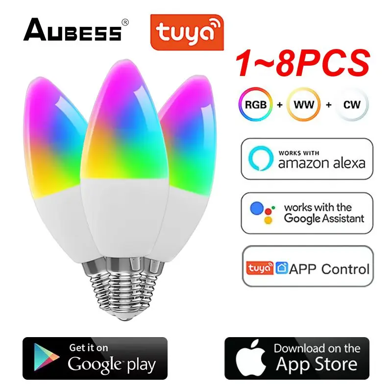 1~8PCS WiFi Smart LEDLight Bulb E14 Candle Lamp 16Million RGBCCT 2700-6500K Dimmable Candelabra Light Tuya Alexa 90-250V