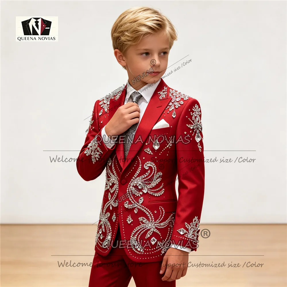 Luxury Boy Suit Set For Wedding Beadwork Rhinestone Sequin Jacket With Pants 2 Piece Single Breasted Children Tuxedo Attires