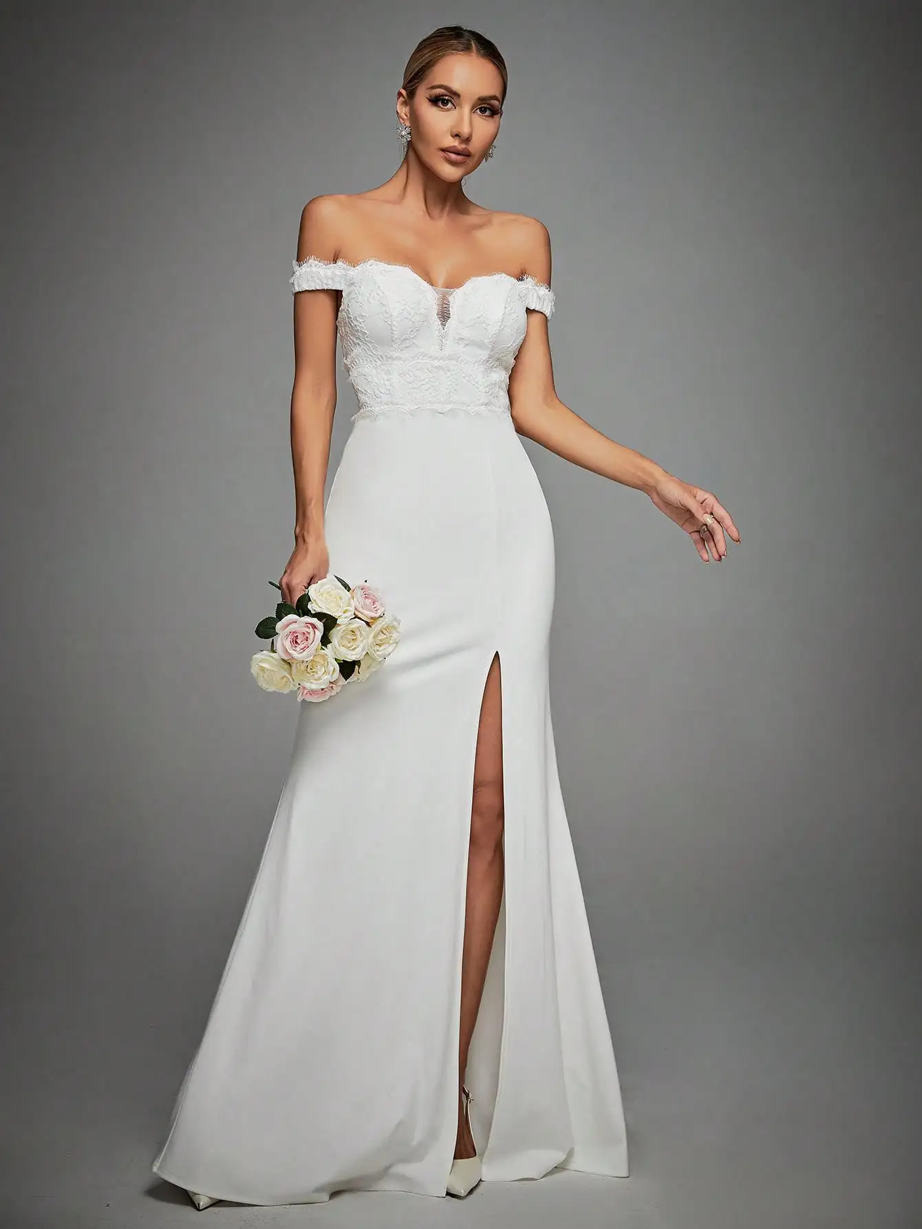 V-neck wave eyelash lace-spunlace stitched knitted wedding dress