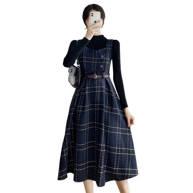 Strap dress women\'s autumn and winter new a-line woolen winter plaid tank dress