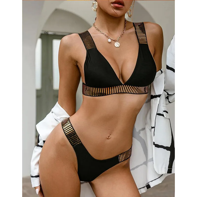 New Solid Color Fashionable Backless Sexy Womens Bikini Gold Sequin Contrasting Split Swimsuit Sexy Tight Fitting Swimsuit Women