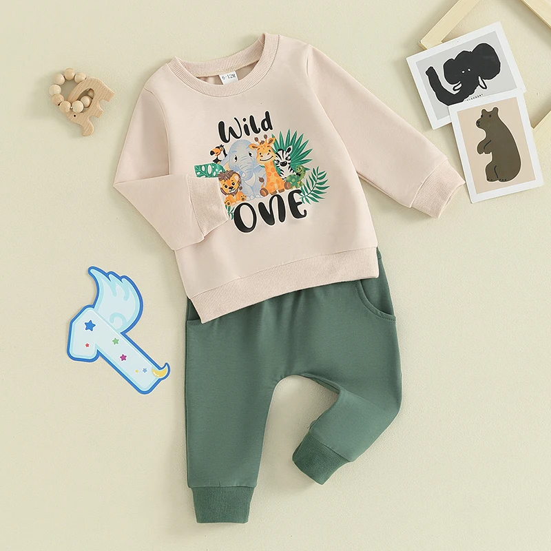 

Baby Boy First Birthday Outfit Long Sleeve Crew Neck Animal Letters Print Sweatshirt with Sweatpants Infant Kids Clothes Set